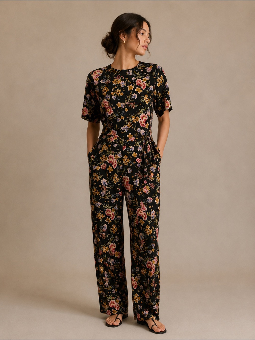 Zara Trafaluc Black Floral Wrap Short-Sleeve Wide Leg  Jumpsuit Size XS